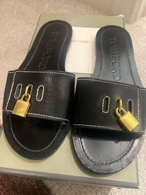 Tom Ford Black Leather Slide Sandals with Gold Padlock